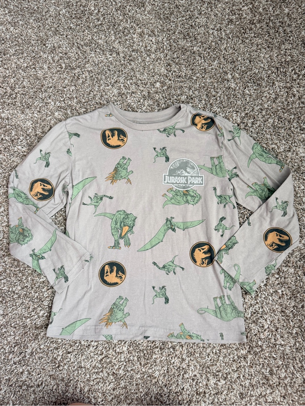Jurassic Park Kids' Long Sleeve Tee in Light Gray with Green Dino Print